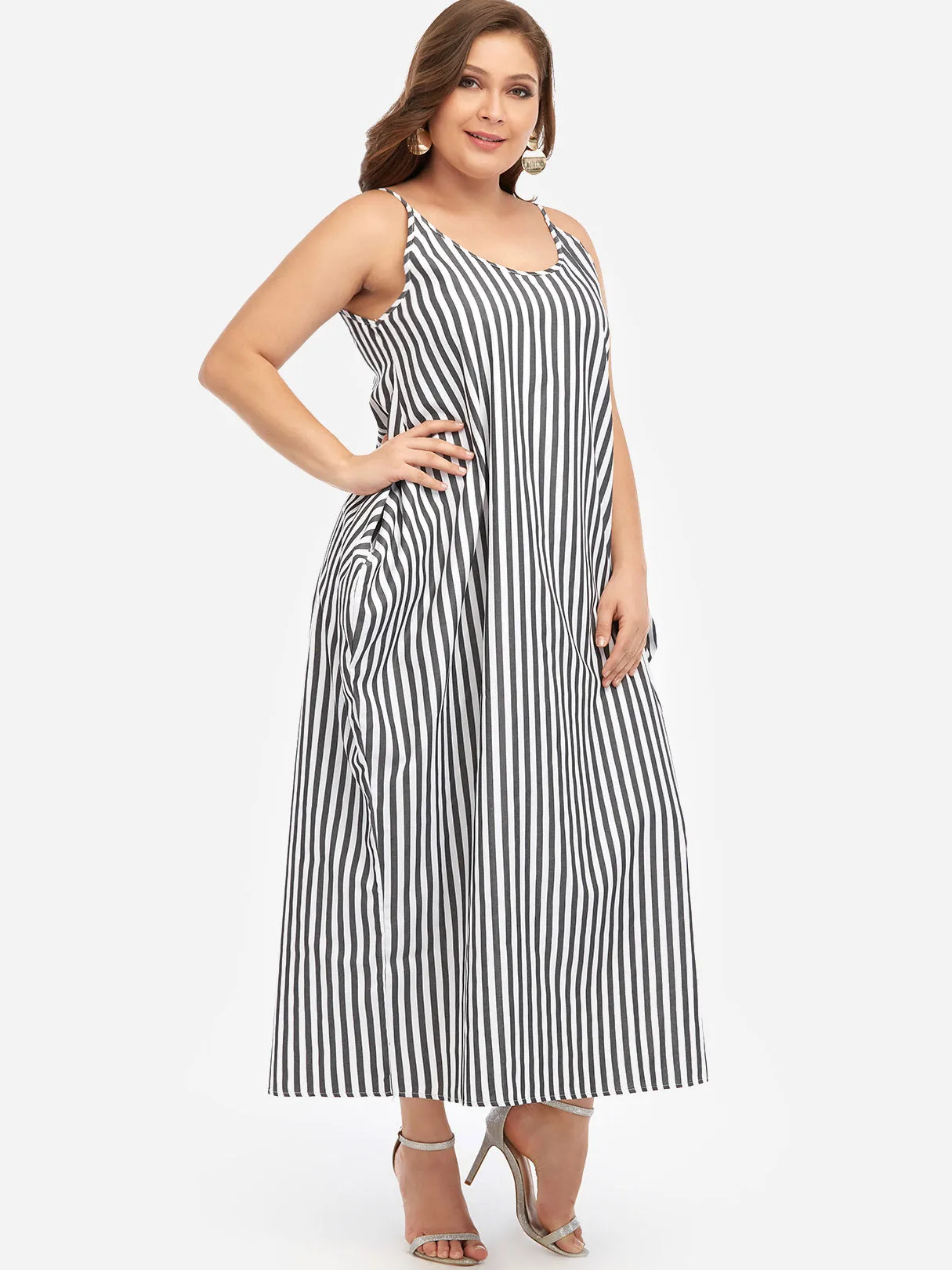 OEM ODM V-Neck Stripe Spaghetti Strap Sleeveless Plus Size Maxi Dresses