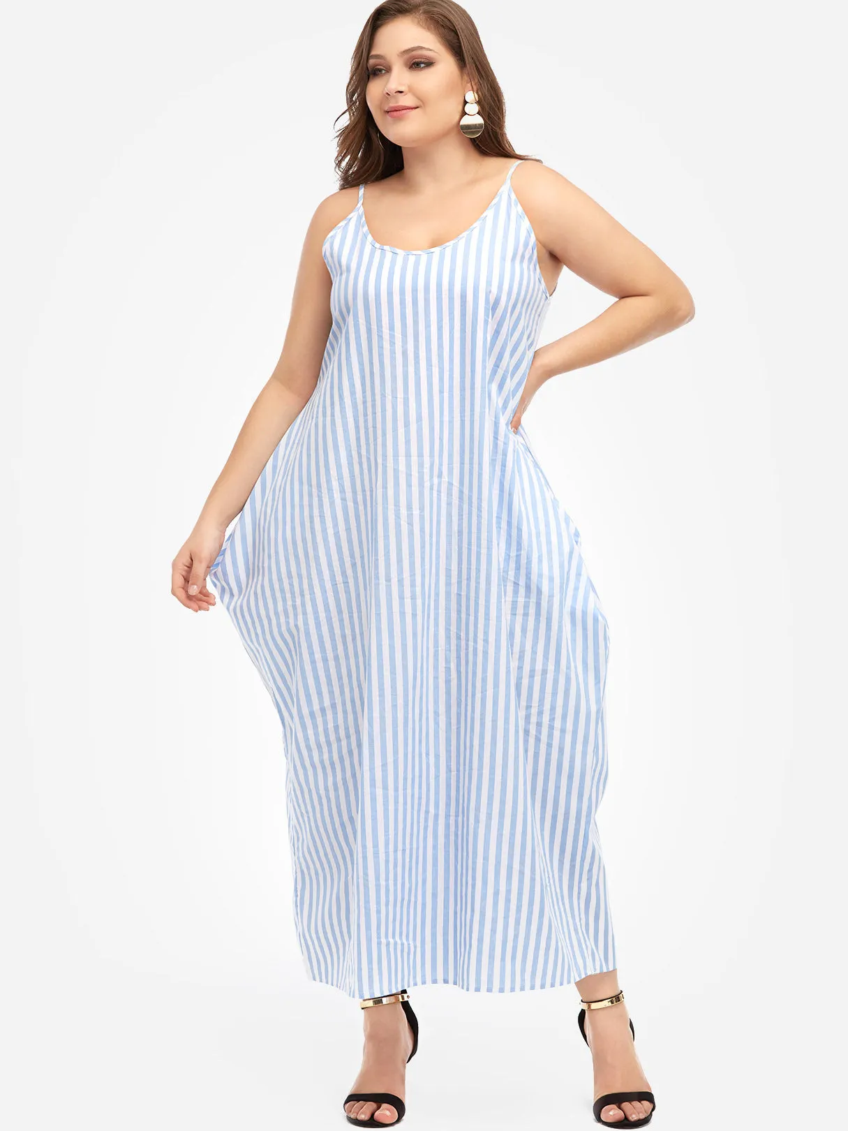 OEM ODM V-Neck Stripe Spaghetti Strap Sleeveless Plus Size Maxi Dresses