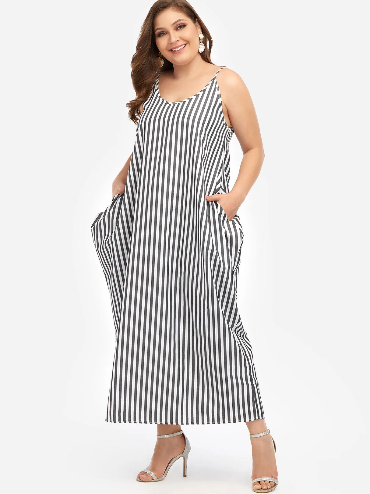 OEM ODM V-Neck Stripe Spaghetti Strap Sleeveless Plus Size Maxi Dresses