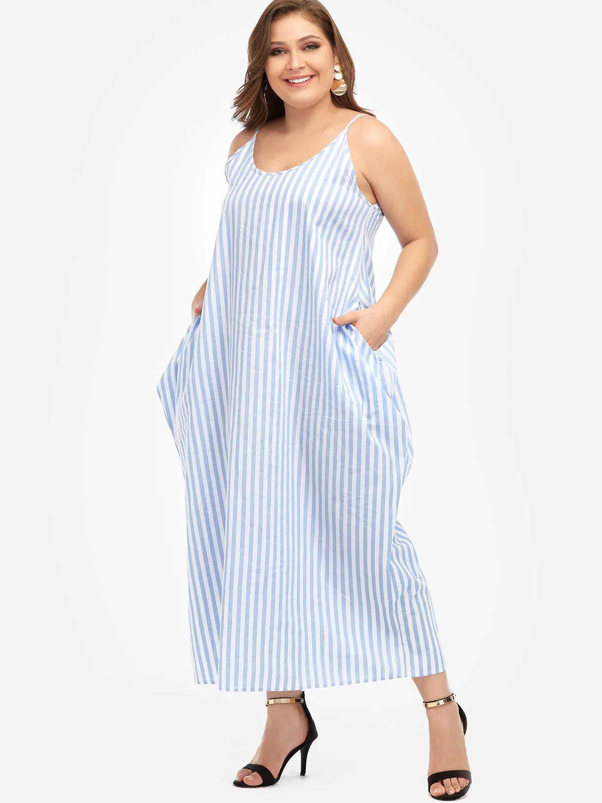 OEM ODM V-Neck Stripe Spaghetti Strap Sleeveless Plus Size Maxi Dresses