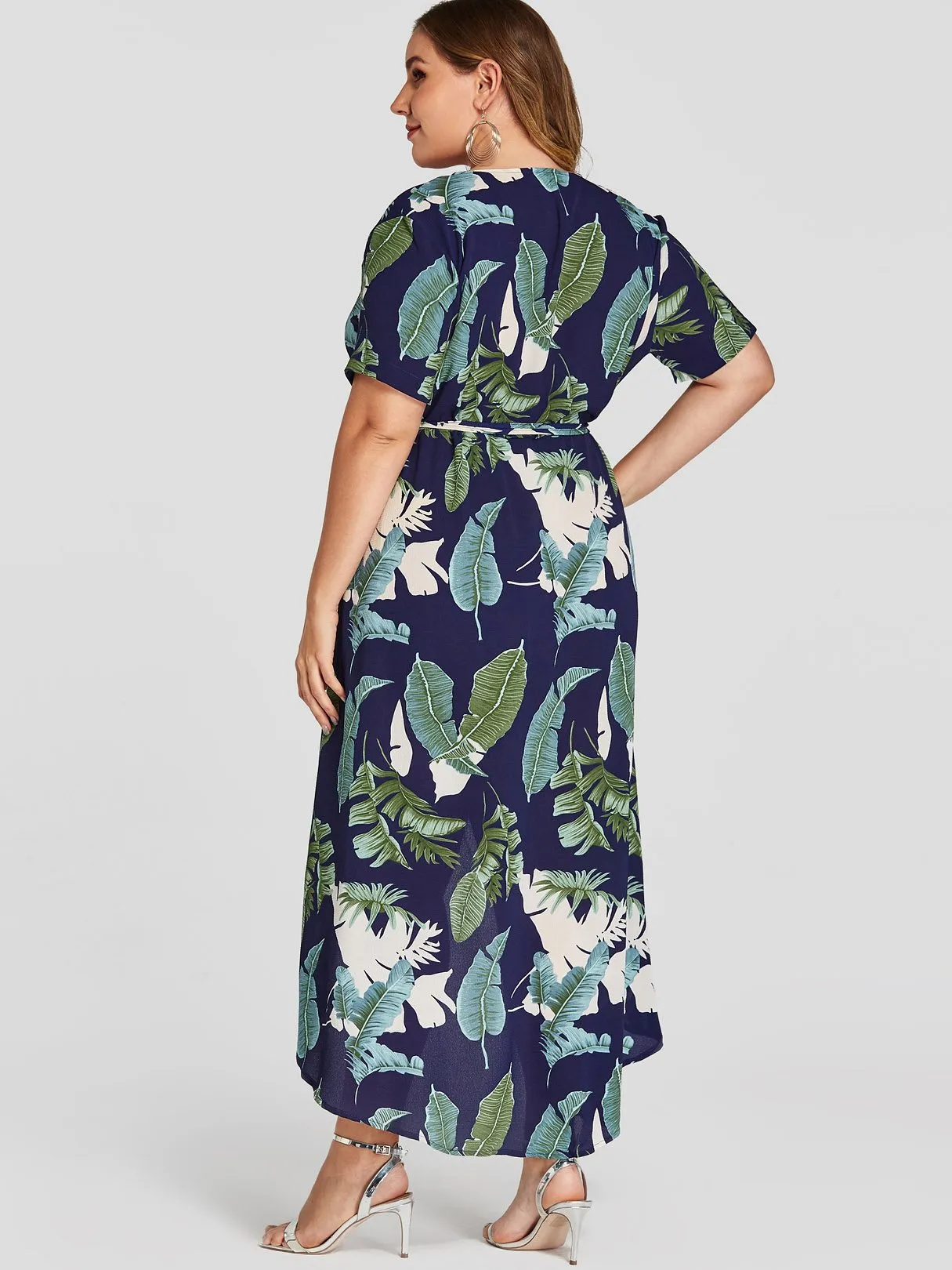 OEM ODM V-Neck Wrap Short Sleeve Asymmetrical Hem Navy Plus Size Dress