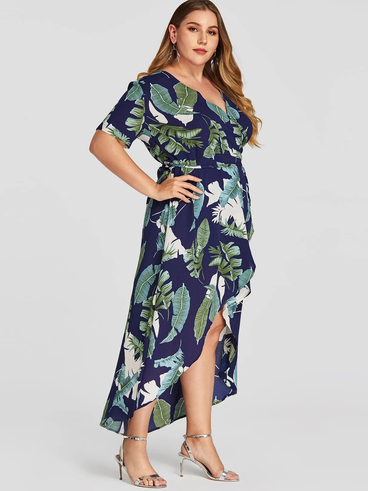 OEM ODM V-Neck Wrap Short Sleeve Asymmetrical Hem Navy Plus Size Dress