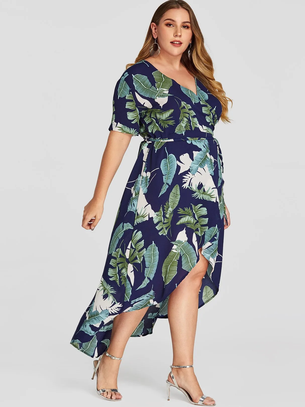 OEM ODM V-Neck Wrap Short Sleeve Asymmetrical Hem Navy Plus Size Dress