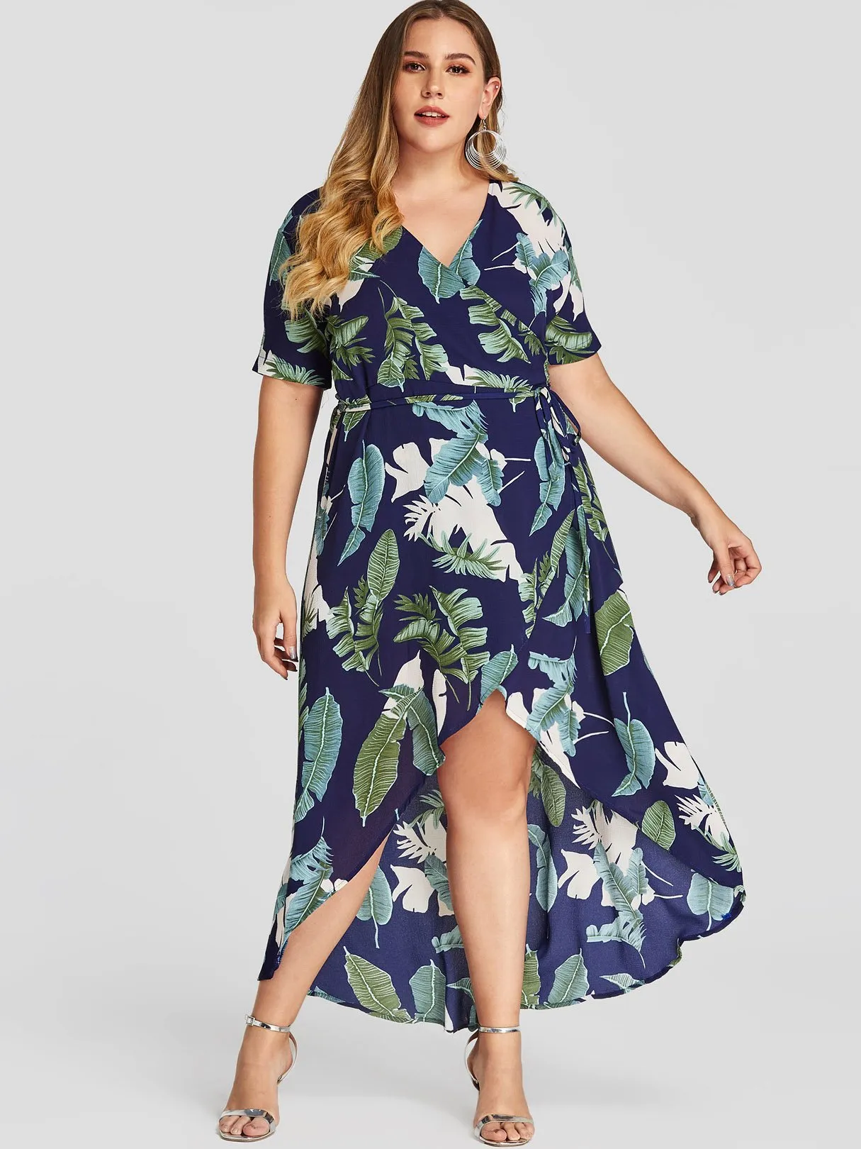OEM ODM V-Neck Wrap Short Sleeve Asymmetrical Hem Navy Plus Size Dress