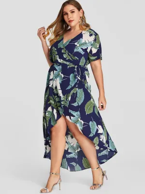 OEM ODM V-Neck Wrap Short Sleeve Asymmetrical Hem Navy Plus Size Dress