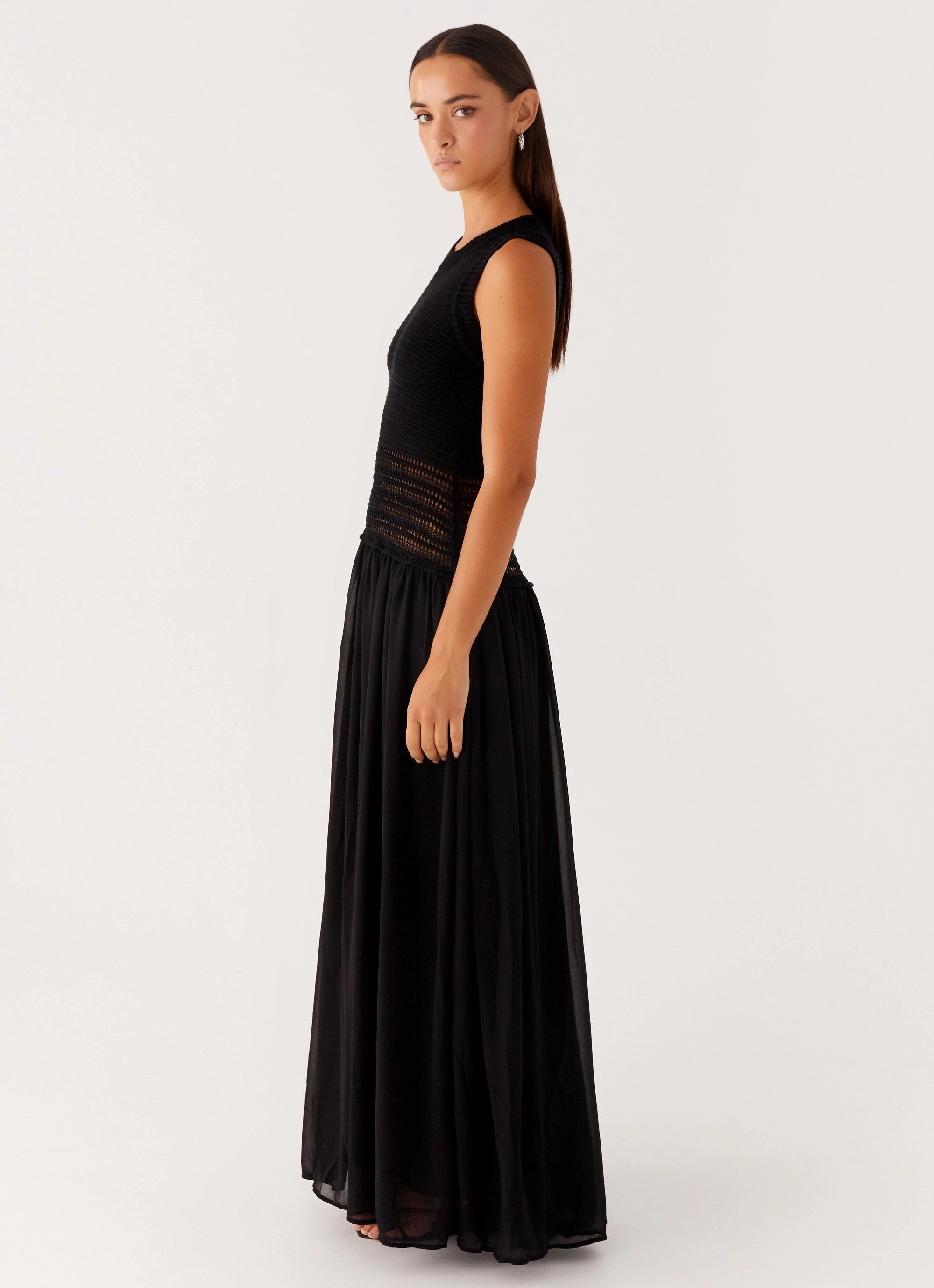 Free Step Off Grid Crochet Maxi Dress - Black