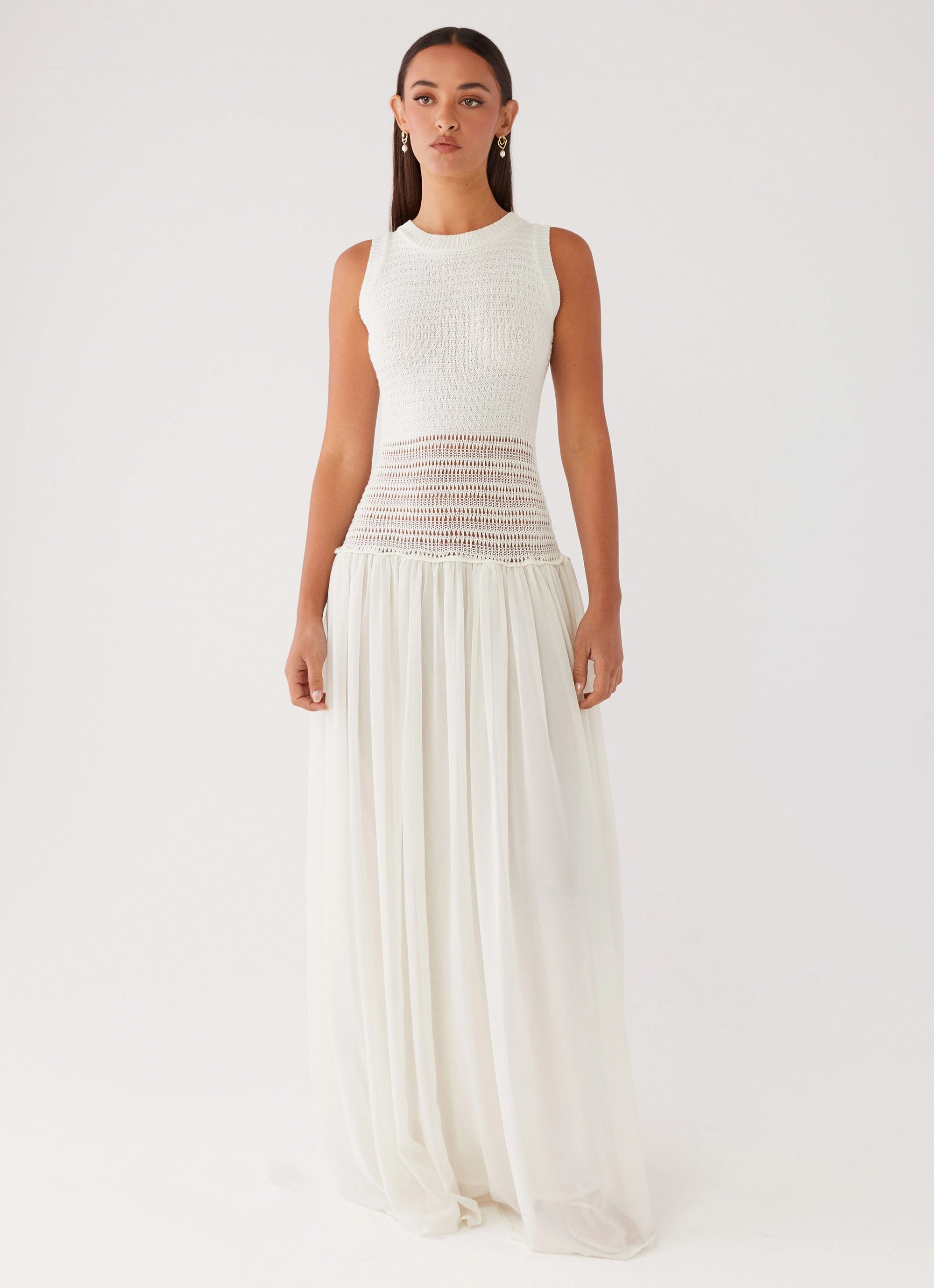 Elegant Finish Off Grid Crochet Maxi Dress - White