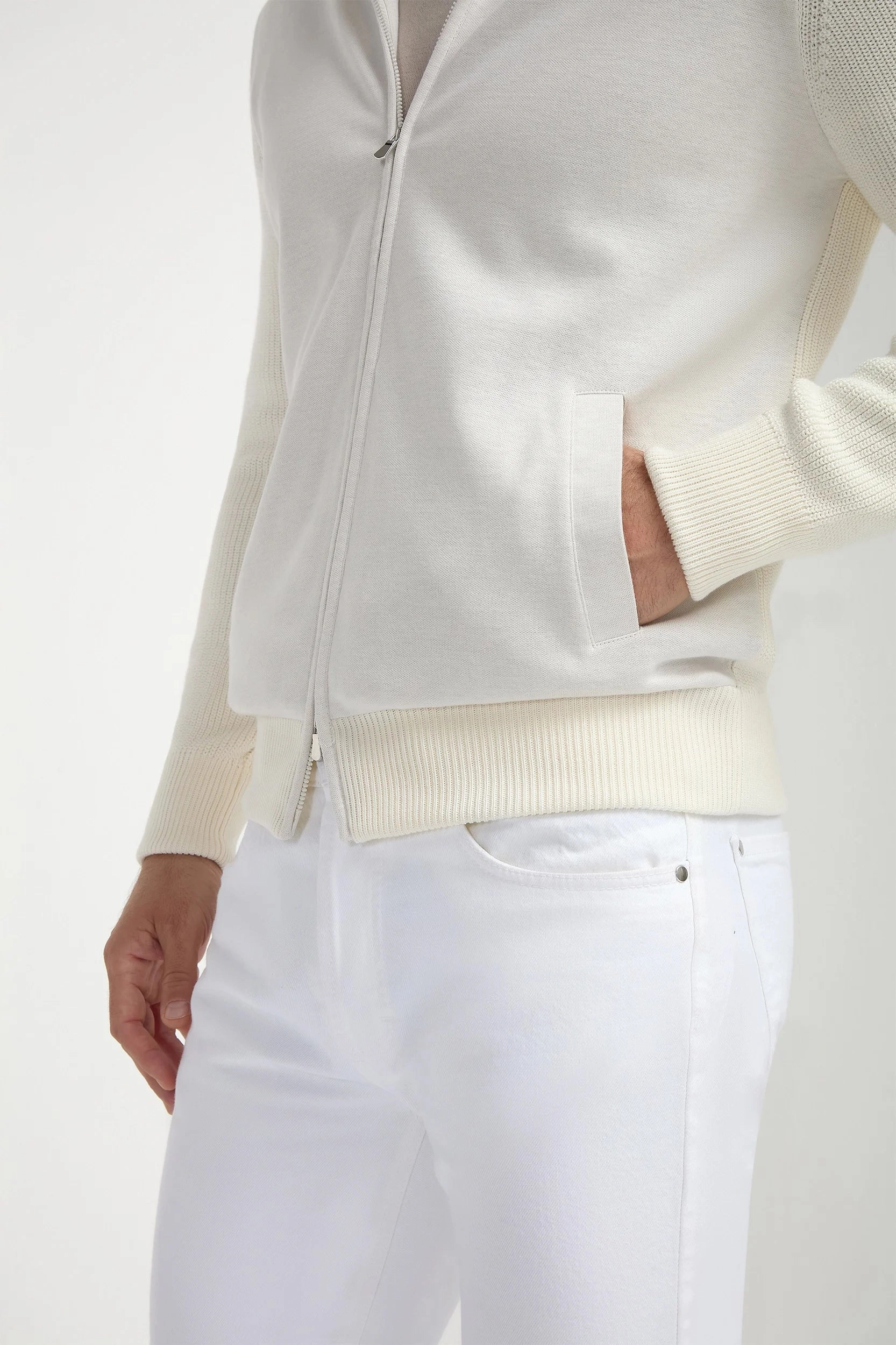 Off-white ribbed bomber with hoodie - Made in Italy