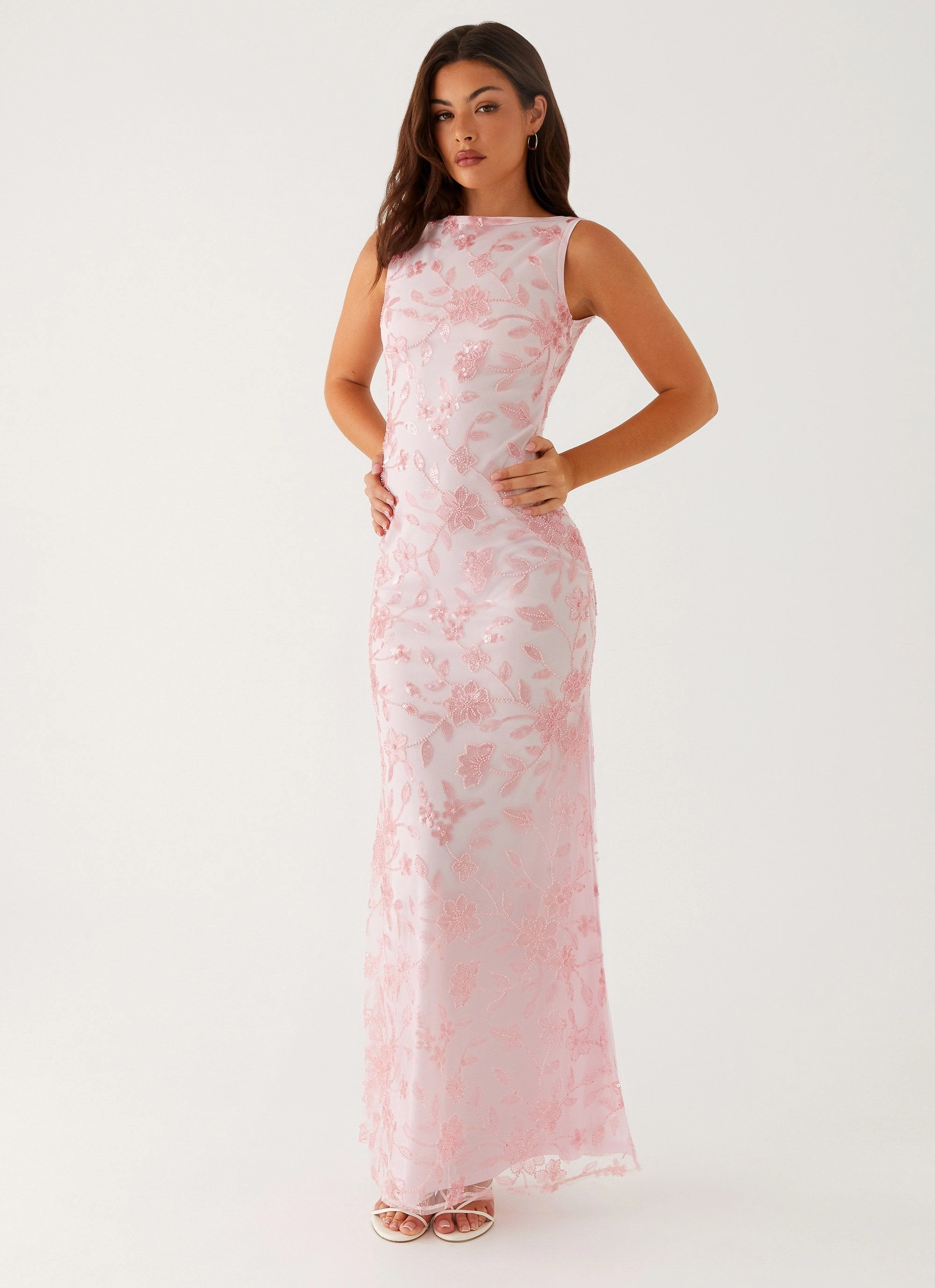 Dreamy Silhouette Balanced Tone Moorey High Neck Maxi Dress - Pink