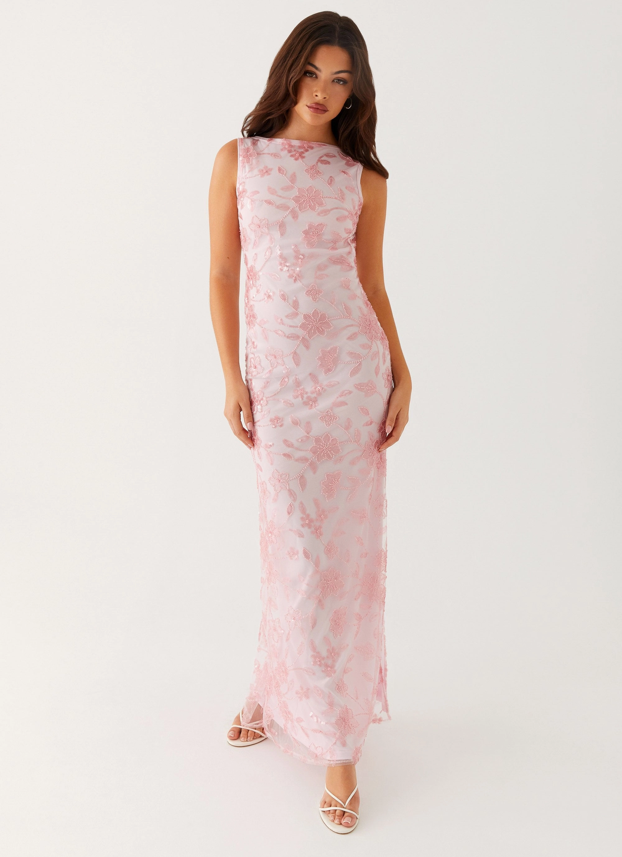 Moorey High Neck Maxi Dress - Pink Elegant Waistband