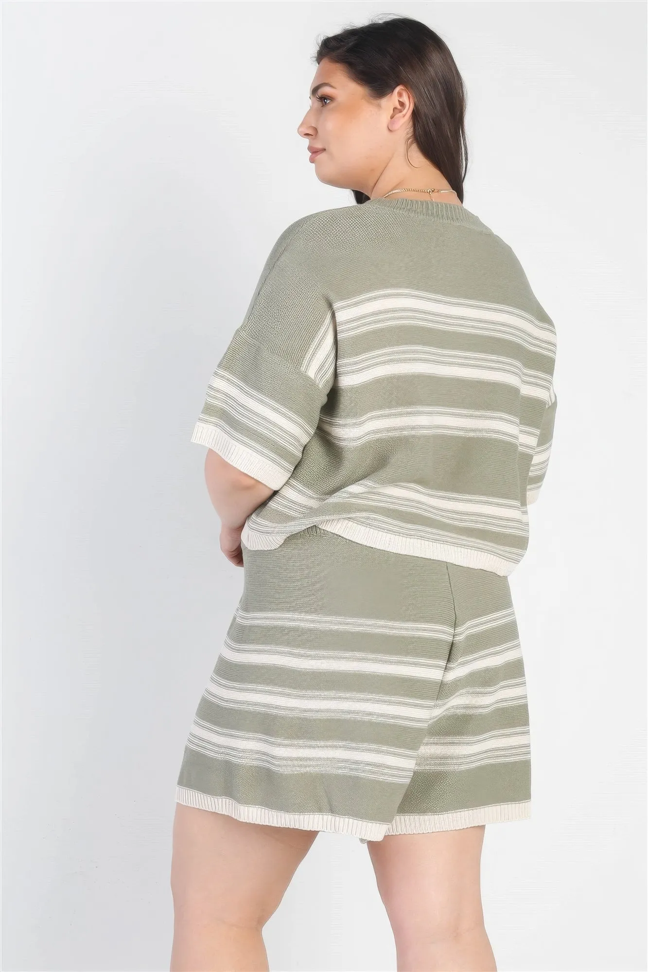 Olive Striped Knit Crop Top High Waist Shorts Set