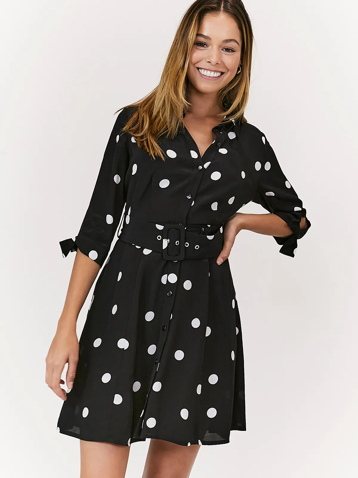 Stylish Line Olivia Mini Belted Shirt Dress / Mono Spot