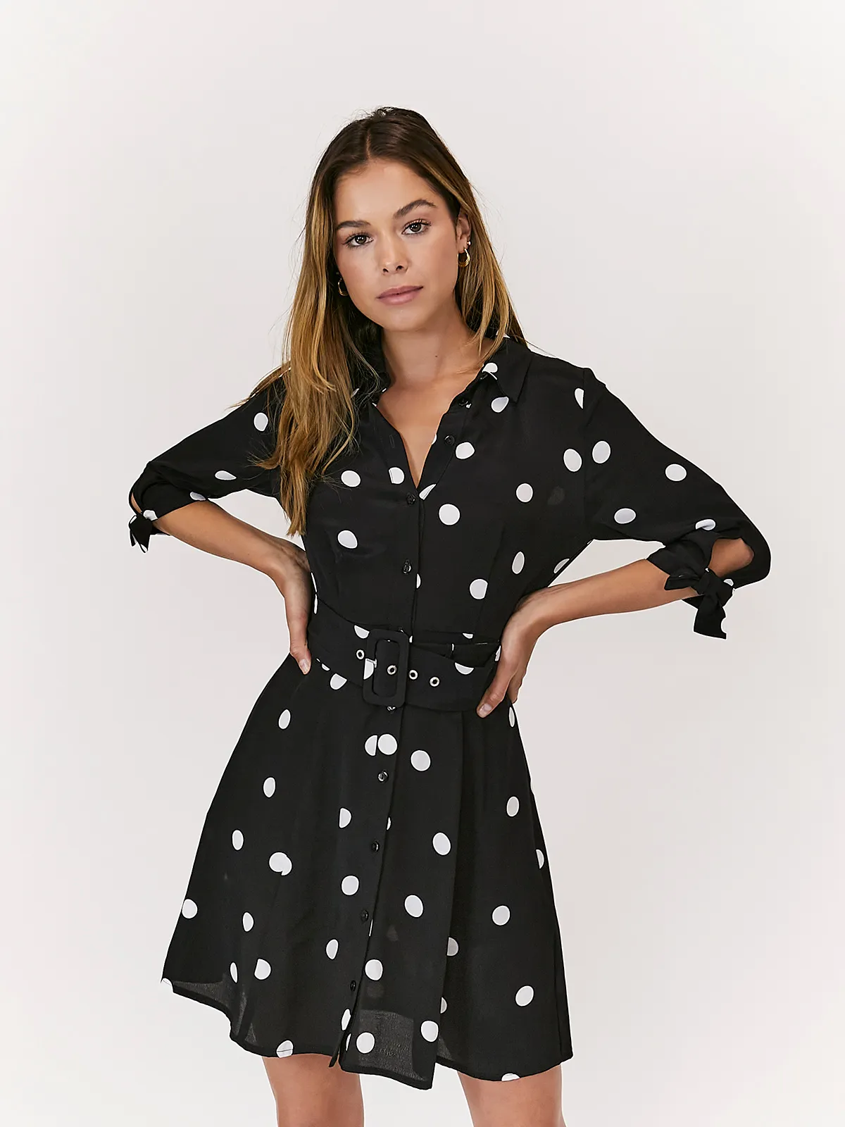 Off-Shoulder Olivia Mini Belted Shirt Dress / Mono Spot