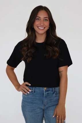 On the Go Tee- True Black Stretch Woven Blend Recycled Polyester SleevelessOption On the Go Tee- True Black