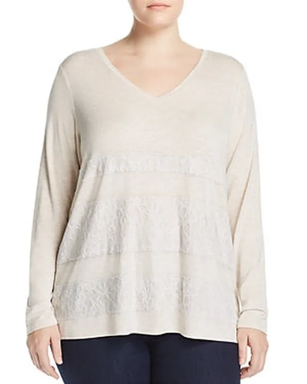 One A Womens Plus Lace Overlay V-Neck Casual Top