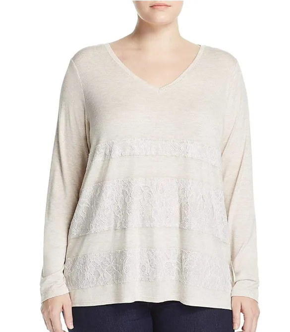 One A Womens Plus Lace Overlay V-Neck Casual Top