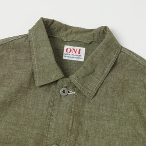 ONI Denim 03101-HCKOL 8.3oz Heavy Chambray Coverall Jacket - Khaki Olive One Wash ONI Denim 03101-HCKOL 8.3oz Heavy Chambray Coverall Jacket - Khaki Olive One Wash