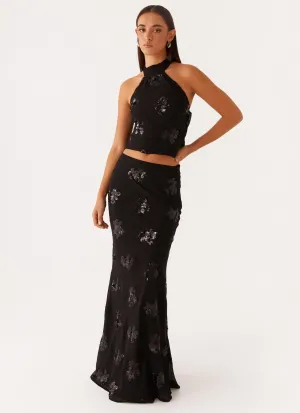 Only Girl Sequin Maxi Skirt - Black Neat Drape Button Details Breezy Look Only Girl Sequin Maxi Skirt - Black