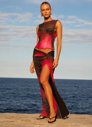 Open Back Caprise Maxi Skirt - Pink Print Asymmetrical Cut Matte Finish Caprise Maxi Skirt - Pink Print