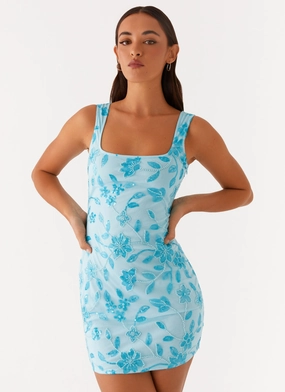 Starlina Square Neck Beaded Mini Dress - Blue sophisticated appearance Flow Sleeve