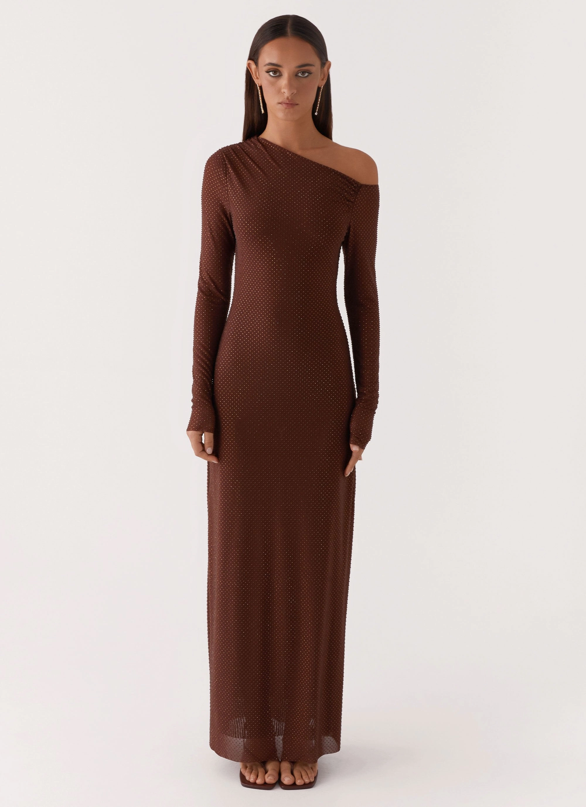 Drawstring-Closure Romantic Bloom Oriana Sequin Maxi Dress - Chocolate
