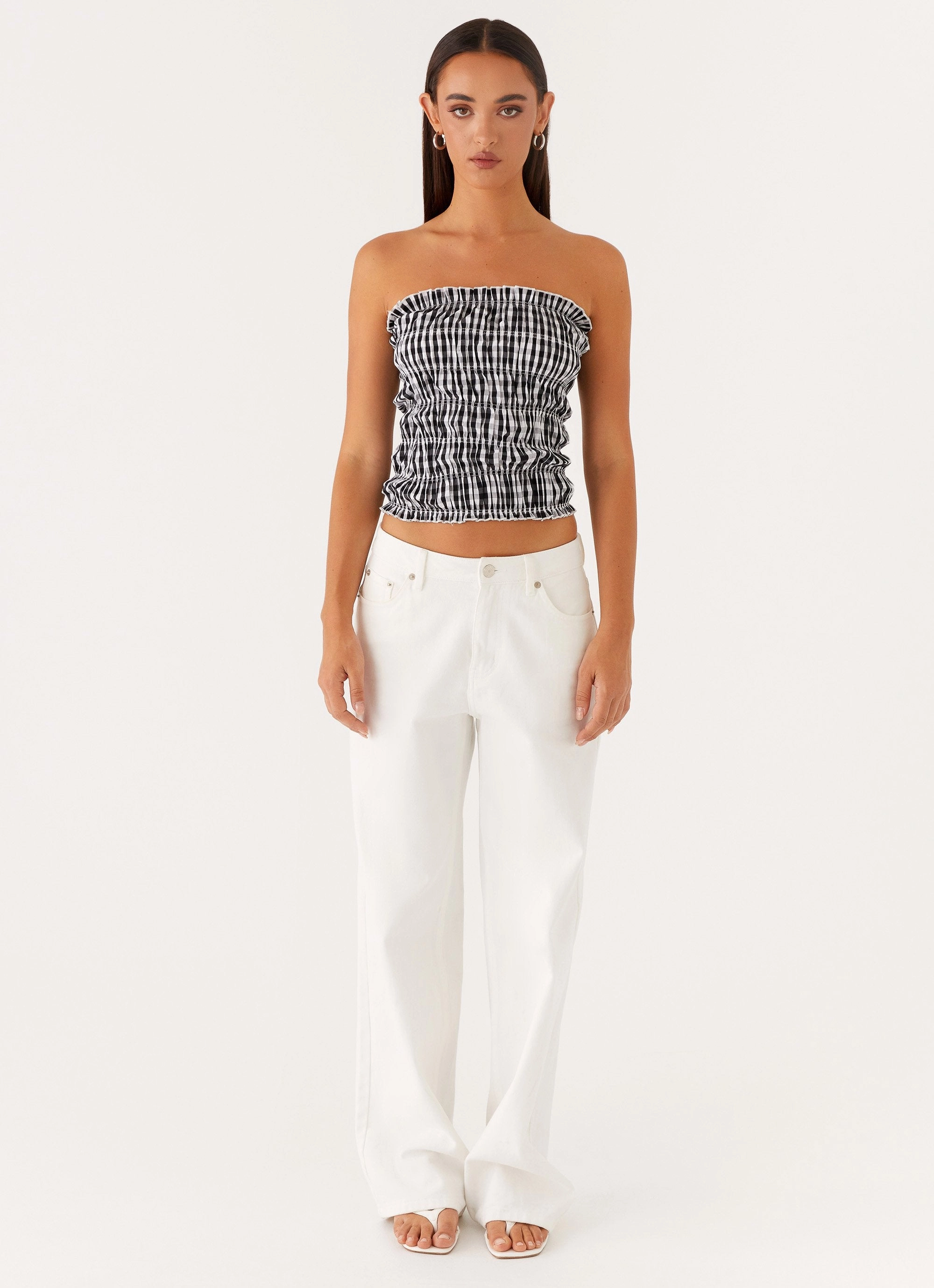 TearResistantWeave Orion Strapless Ruched Top - Black/White Gingham