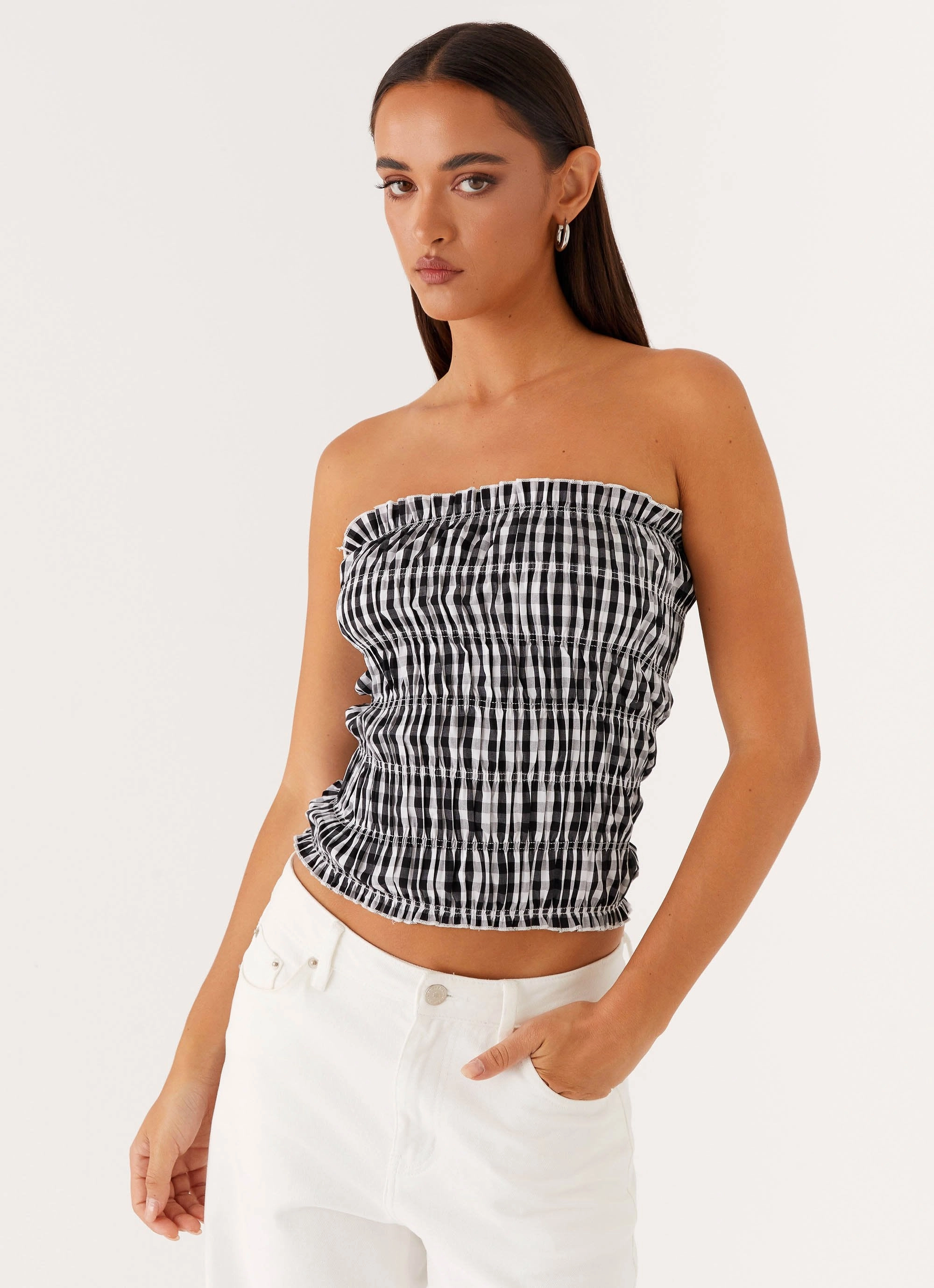 DurableCollarStays Orion Strapless Ruched Top - Black/White Gingham