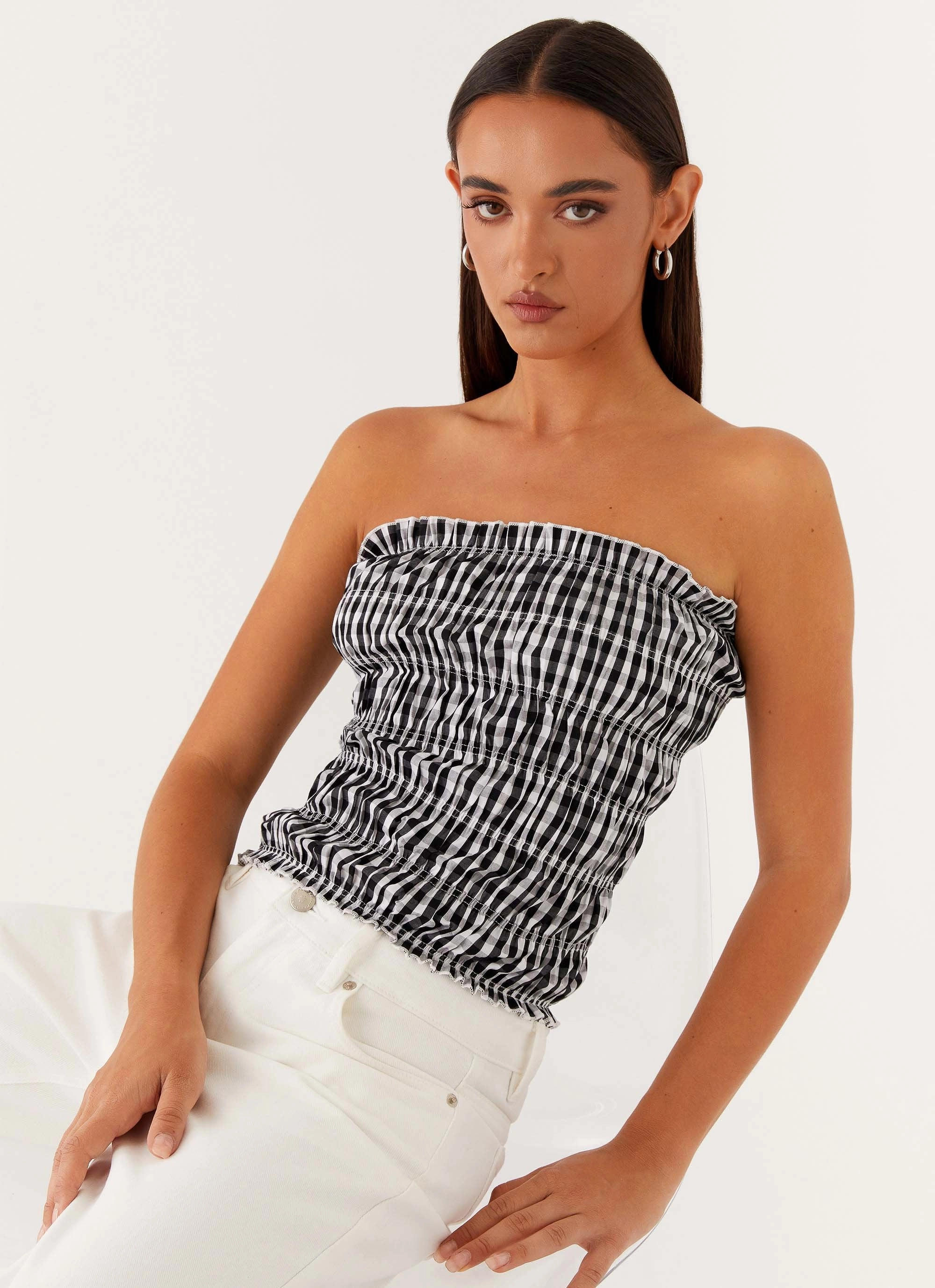 No Iron Fabric Orion Strapless Ruched Top - Black/White Gingham