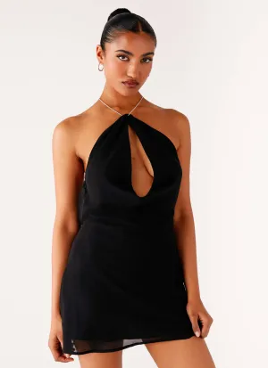 Key Hole Cowl Neckline Mini Dress - Black Comfortable fit Waffle Weave
