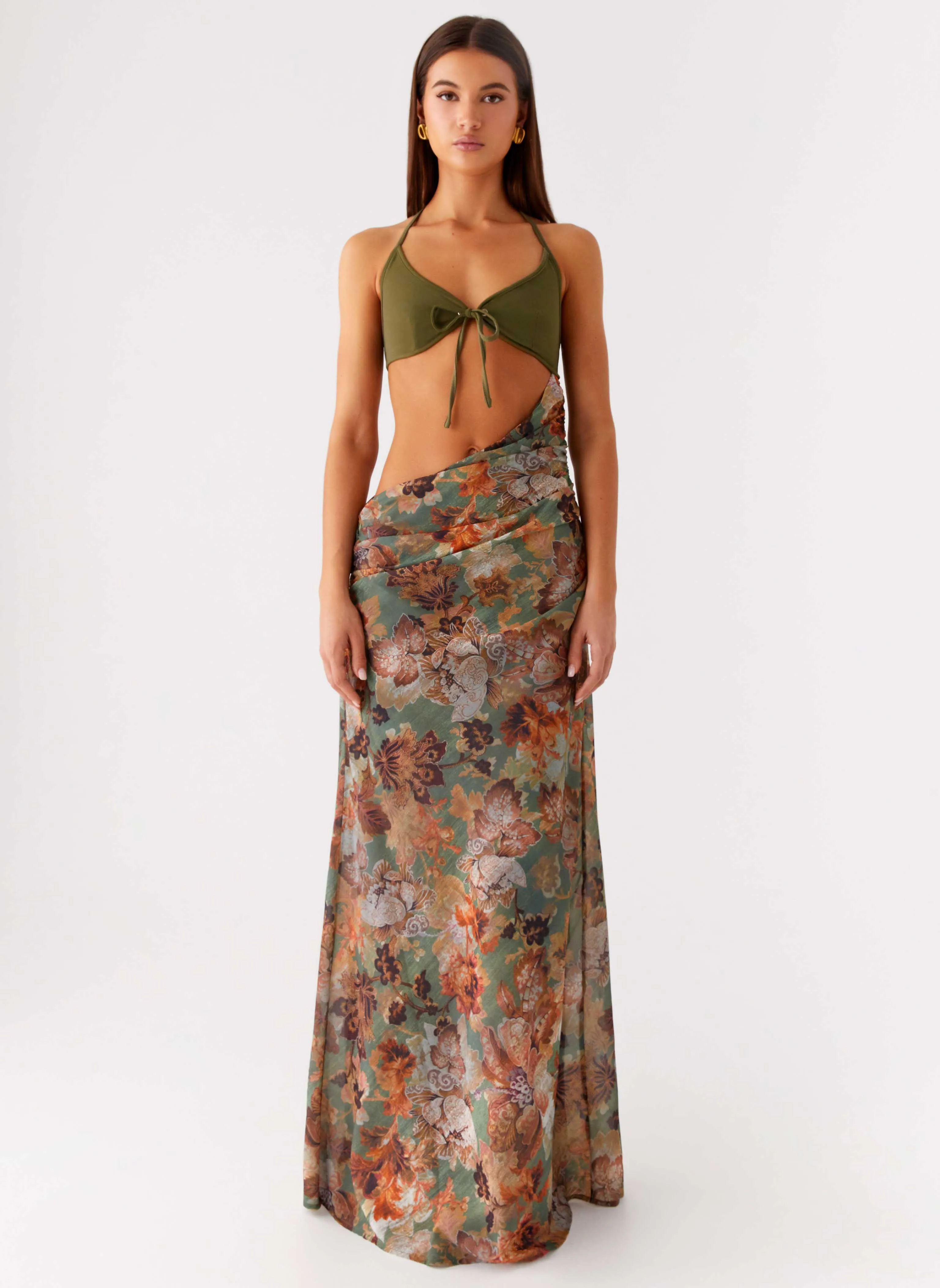 Overgrown Maxi Dress - Vintage Blossom Roll-Up Sleeve Minimalist Style