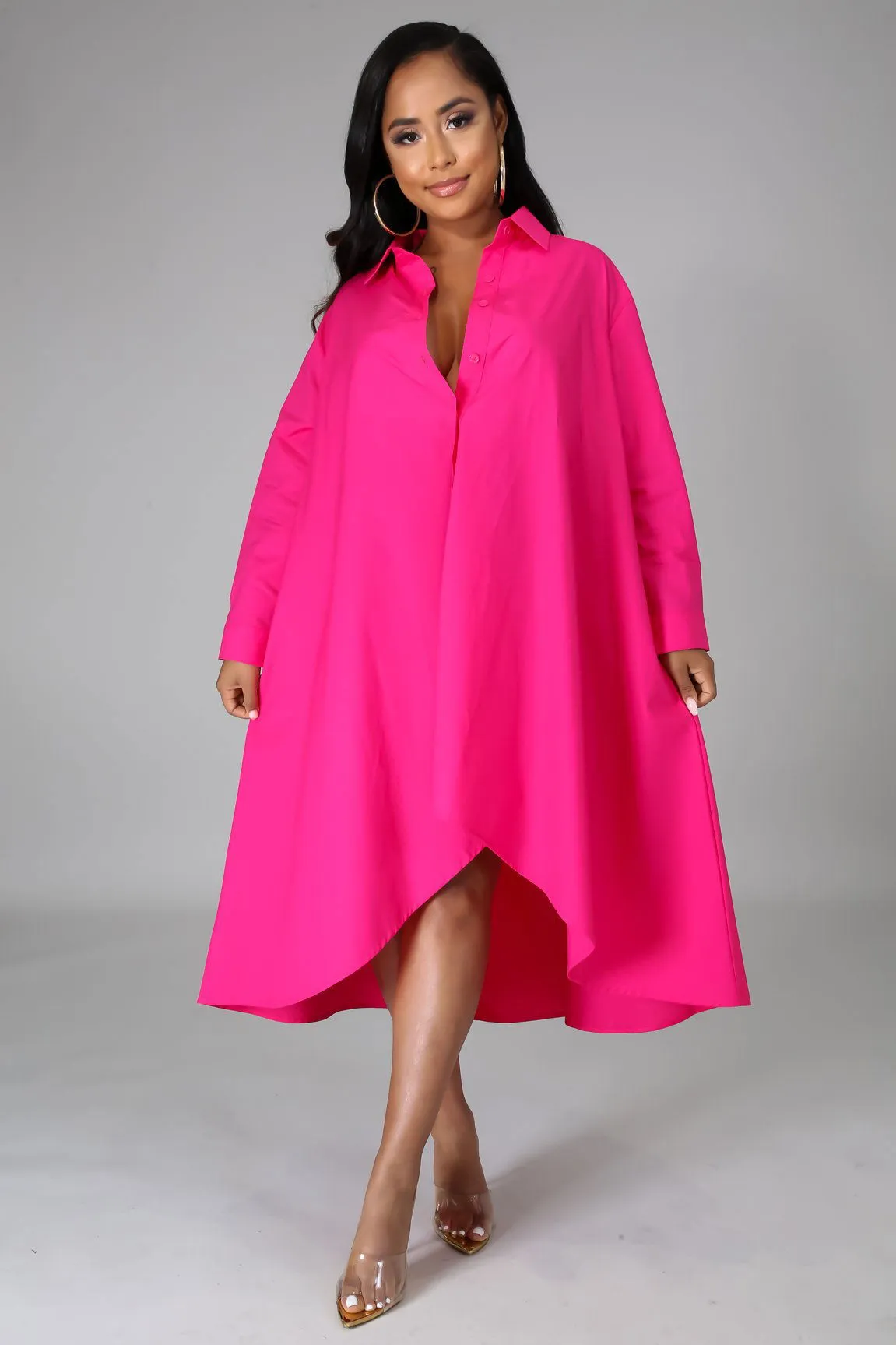 Oversize Button Collared Oversize Shirt Dress