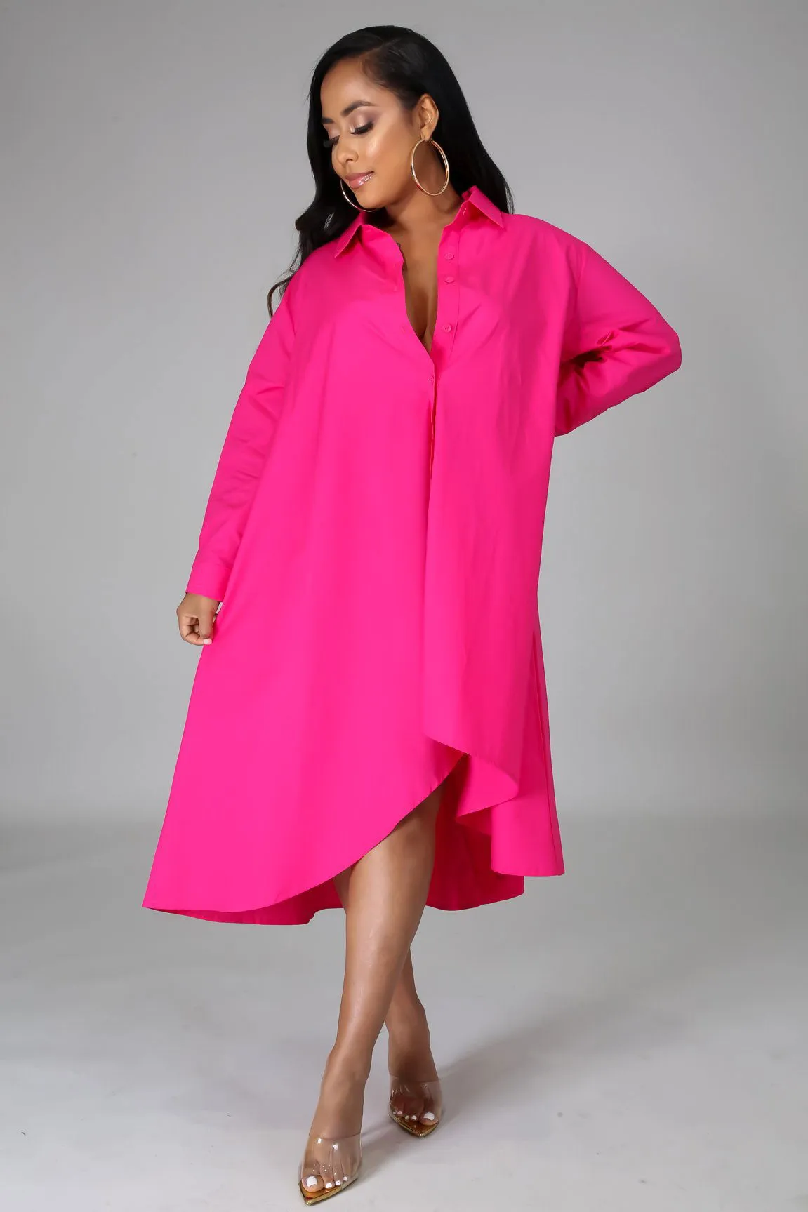 Oversize Button Collared Oversize Shirt Dress