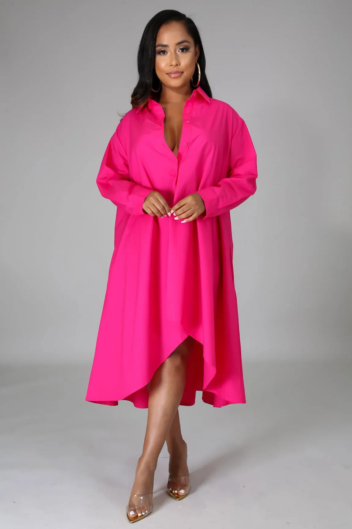 Oversize Button Collared Oversize Shirt Dress