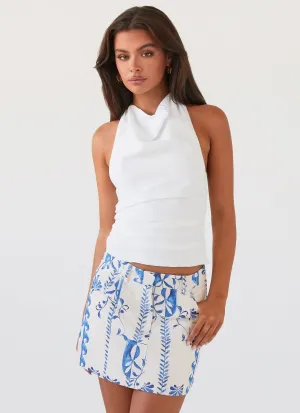 Marissa Linen Mini Skirt - Floral Wave Bold Finish Twist Knot Details