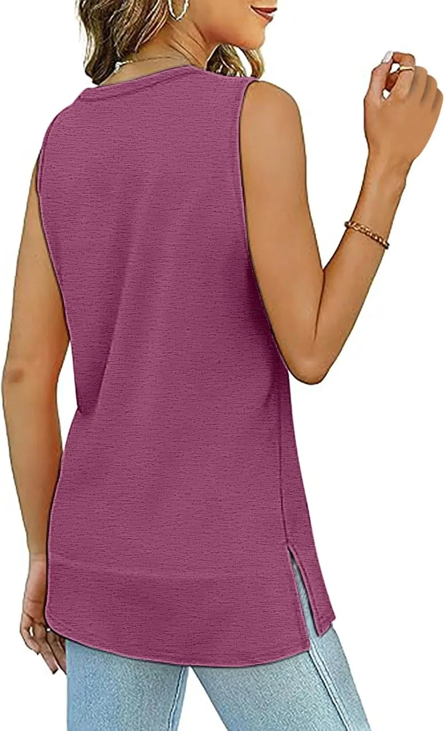 Oversized Tank Tops for Women Patchwork Plus Size Long Camisole Shirt Side Split Hem U Neck Blouse T-Shirt