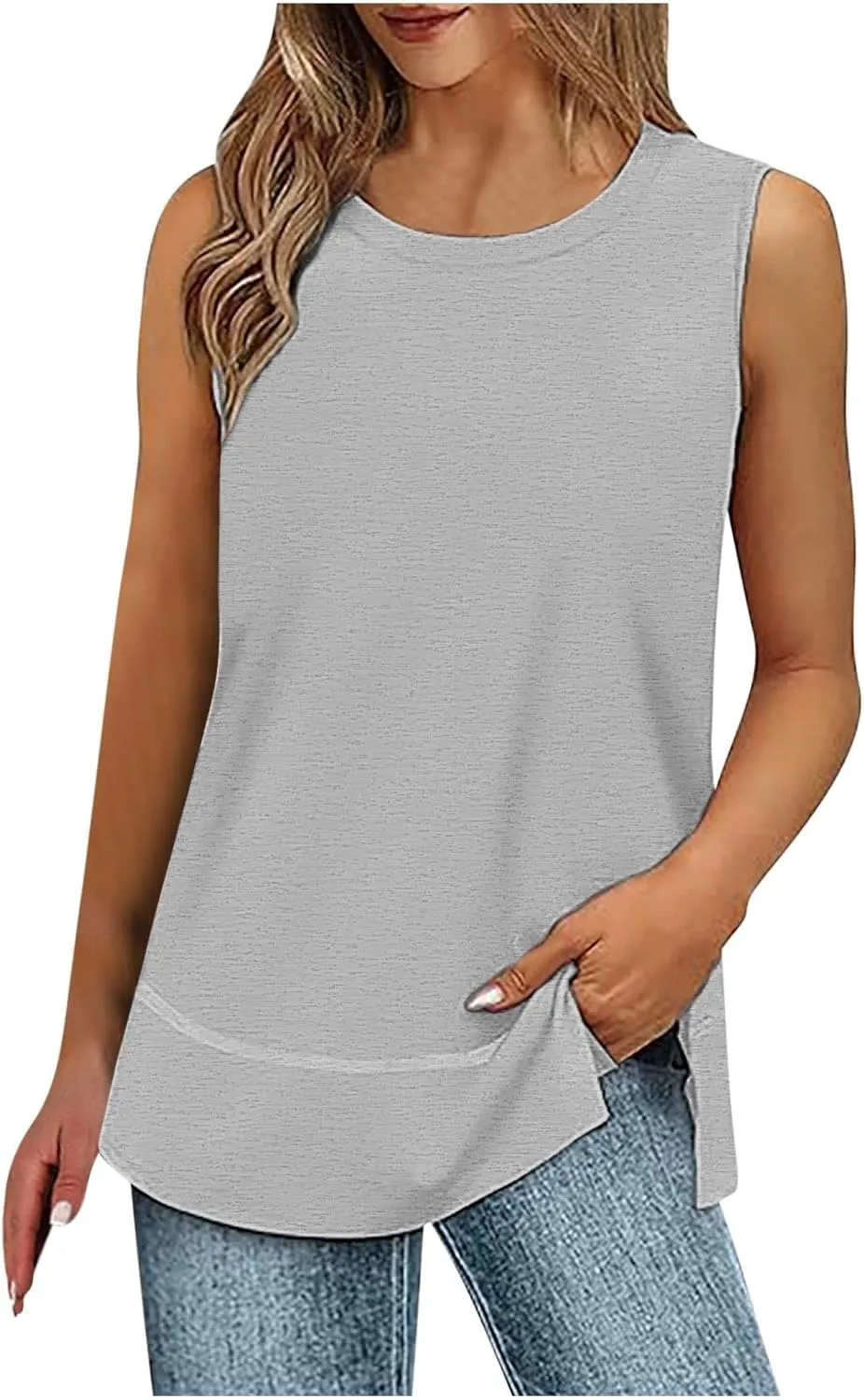 Oversized Tank Tops for Women Patchwork Plus Size Long Camisole Shirt Side Split Hem U Neck Blouse T-Shirt