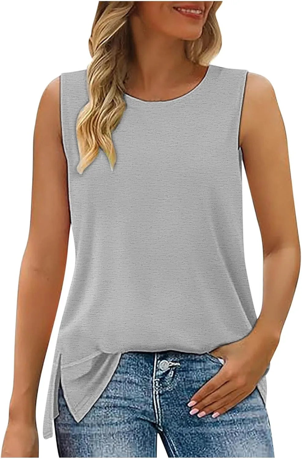 Oversized Tank Tops for Women Patchwork Plus Size Long Camisole Shirt Side Split Hem U Neck Blouse T-Shirt
