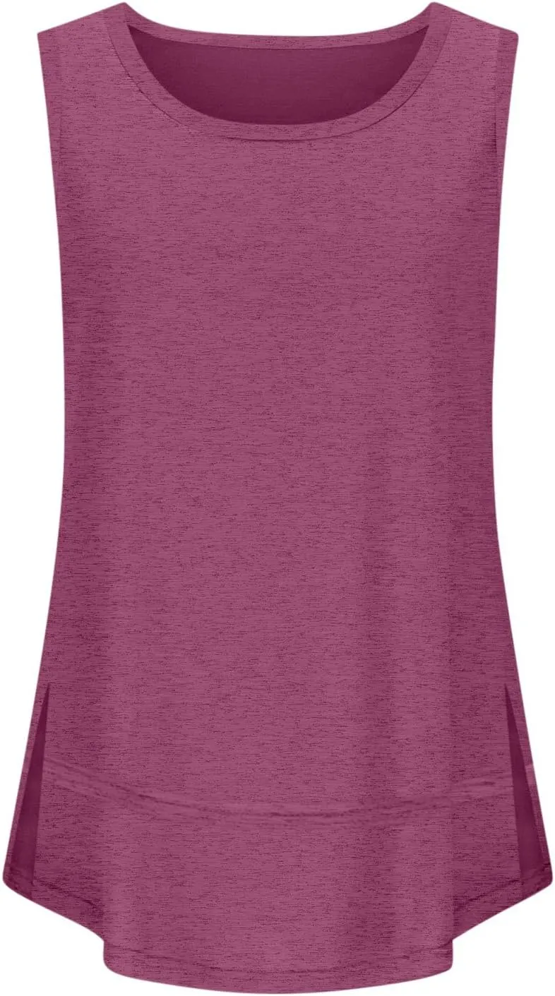 Oversized Tank Tops for Women Patchwork Plus Size Long Camisole Shirt Side Split Hem U Neck Blouse T-Shirt