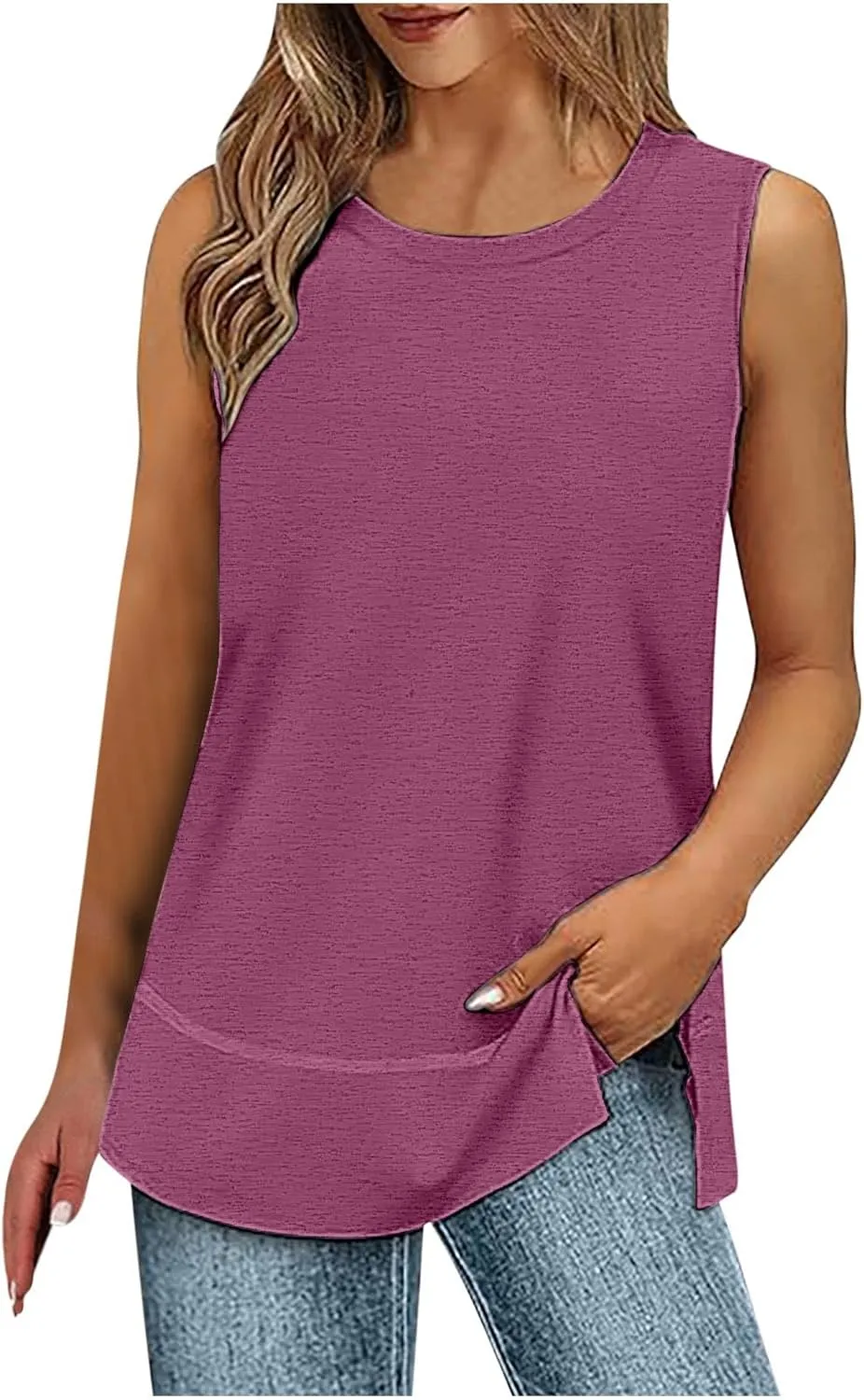 Oversized Tank Tops for Women Patchwork Plus Size Long Camisole Shirt Side Split Hem U Neck Blouse T-Shirt
