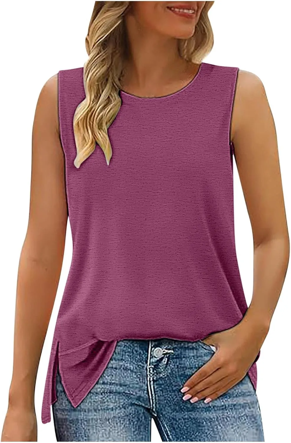 Oversized Tank Tops for Women Patchwork Plus Size Long Camisole Shirt Side Split Hem U Neck Blouse T-Shirt