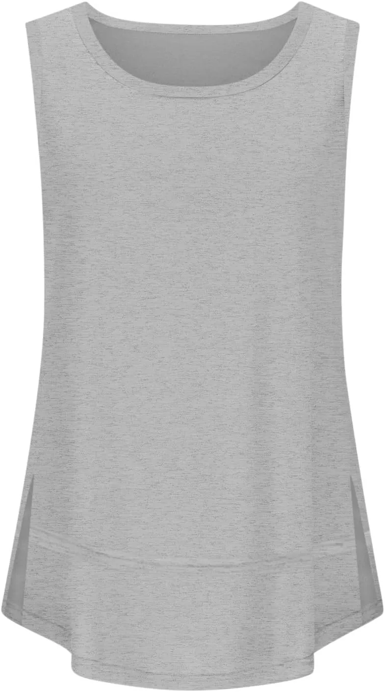 Oversized Tank Tops for Women Patchwork Plus Size Long Camisole Shirt Side Split Hem U Neck Blouse T-Shirt