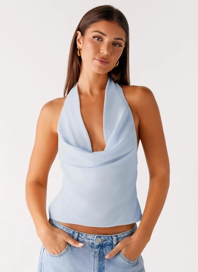 Stretch Knit Material Charli Cowl Top - Blue