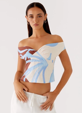 Hidden Pocket Design Zero Waste Cut Pattern Ozella Off Shoulder Top - Bloom Wave Print