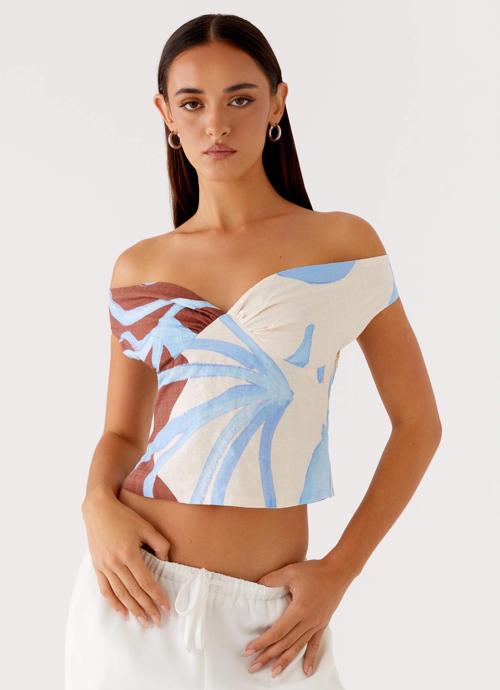 Hidden Pocket Design Zero Waste Cut Pattern Ozella Off Shoulder Top - Bloom Wave Print