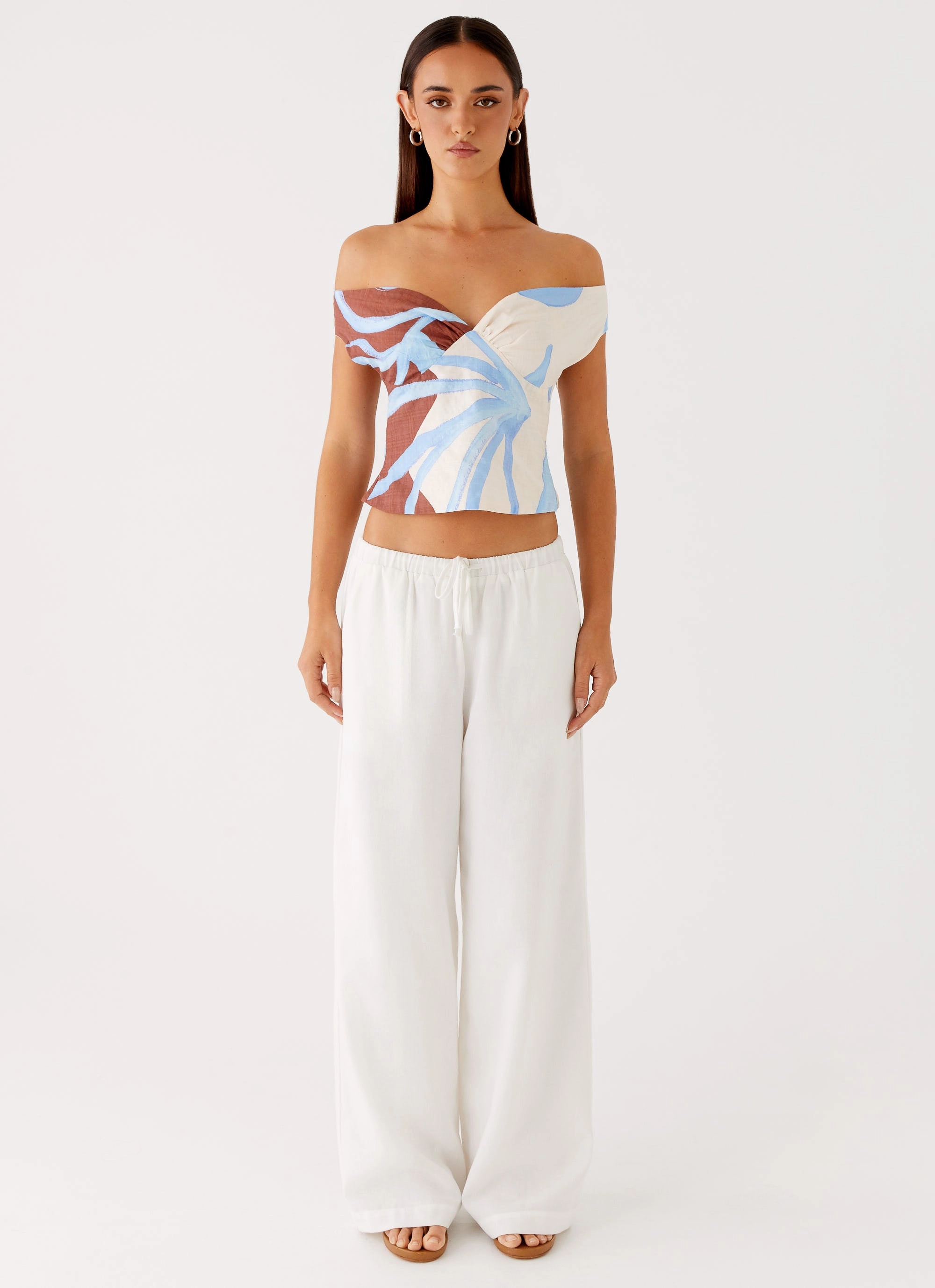 Ozella Off Shoulder Top - Bloom Wave Print Adjustable Cuff