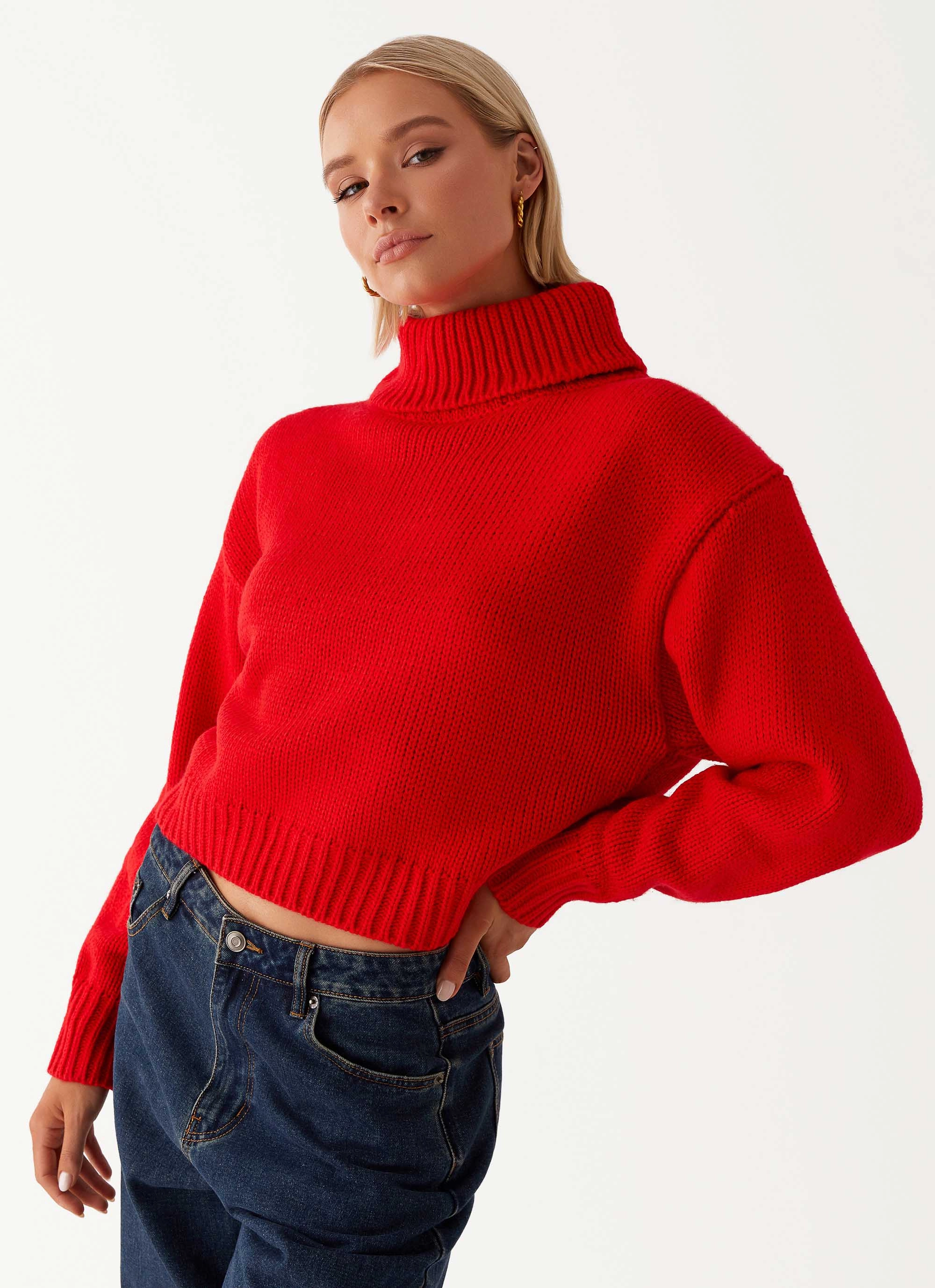 Paint The Town Red Oversized Knit Jumper - Red Friction Reducing Lining Faux Fur Collar