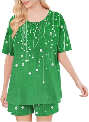 Pajama Set for Women 2 Piece Lounge Set Fashion Print Short Sleeve Tops and Shorts Soft Comfy Pjs Summer Sleepwear