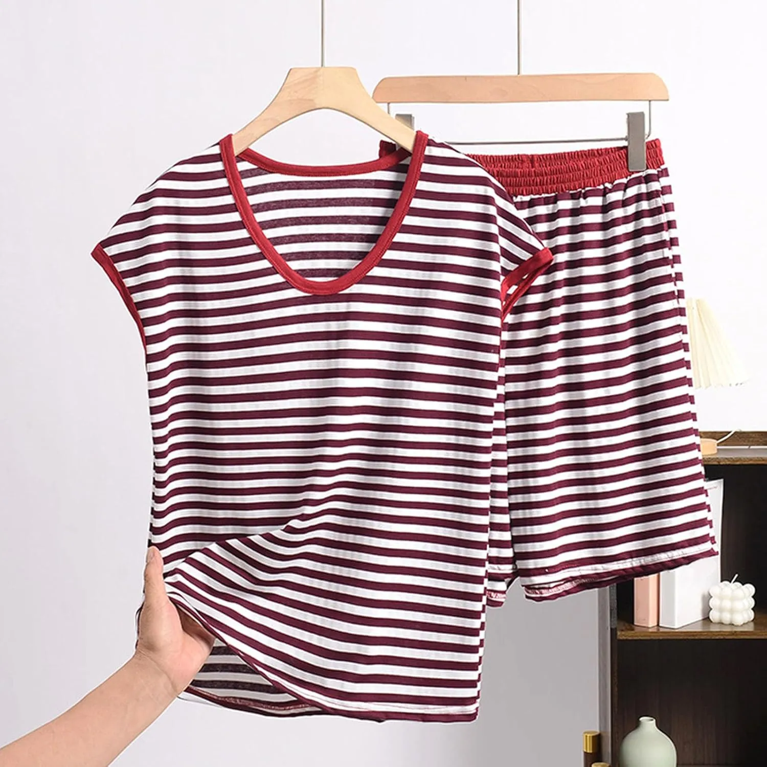 Pajama Set for Women 2 Piece Lounge Set Trendy Striped Short Sleeve Tops and Shorts Soft Casual Comfy V Neck Sleepwear
