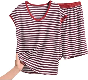 Pajama Set for Women 2 Piece Lounge Set Trendy Striped Short Sleeve Tops and Shorts Soft Casual Comfy V Neck Sleepwear