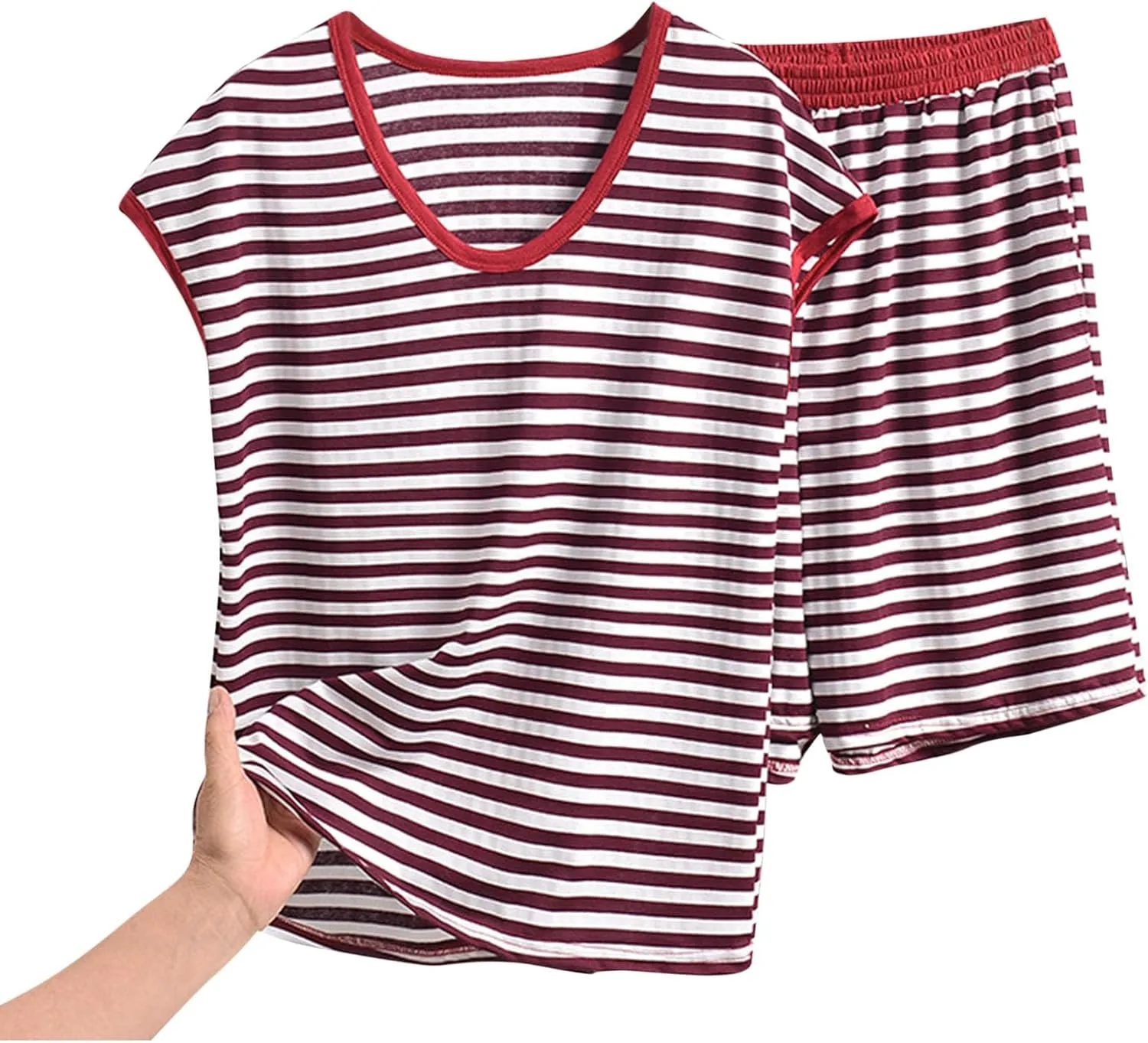 Pajama Set for Women 2 Piece Lounge Set Trendy Striped Short Sleeve Tops and Shorts Soft Casual Comfy V Neck Sleepwear